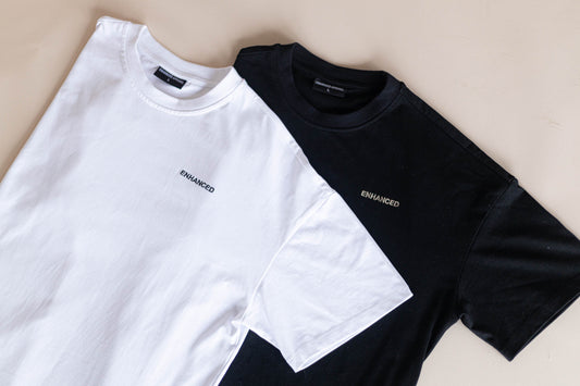 Oversized, drop-shoulder t-shirts available in white, navy and black.